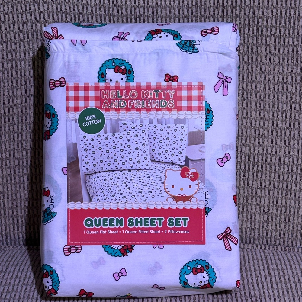 HELLO KITTY Christmas Wreaths And Bows Queen Sheet Set Made By Sanrio NWTS
